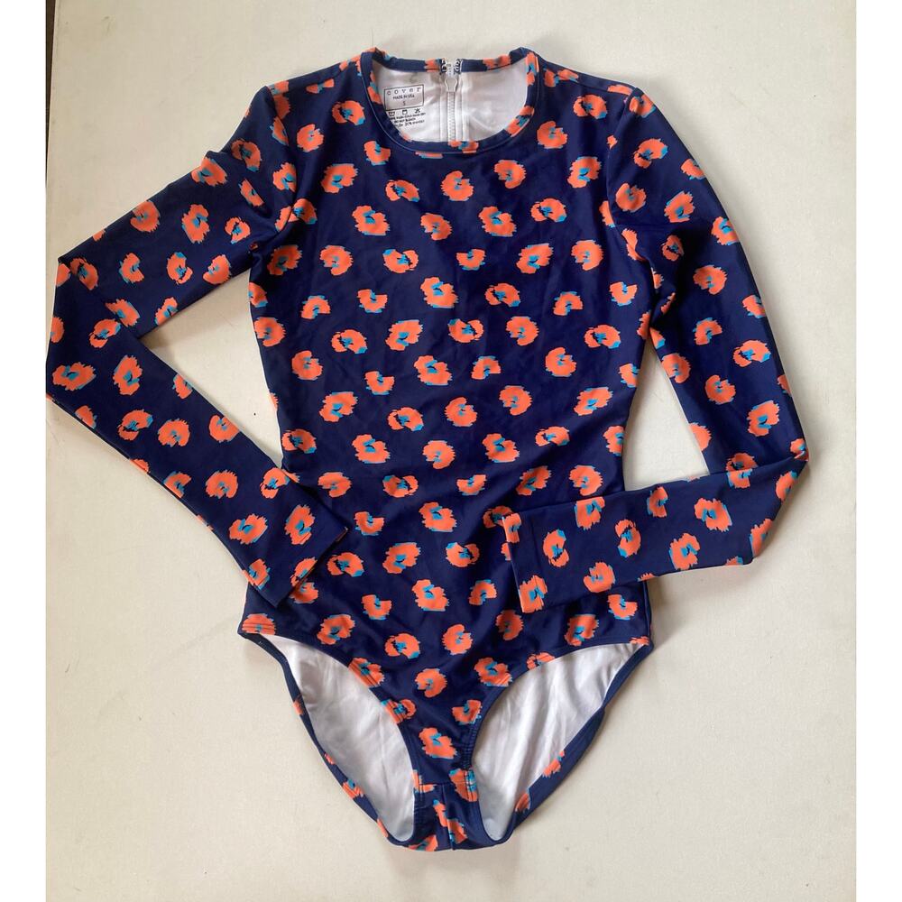 Cover -One Piece Long Sleeve Swimsuit Sz S Navy Floral Rashguard Made in USA